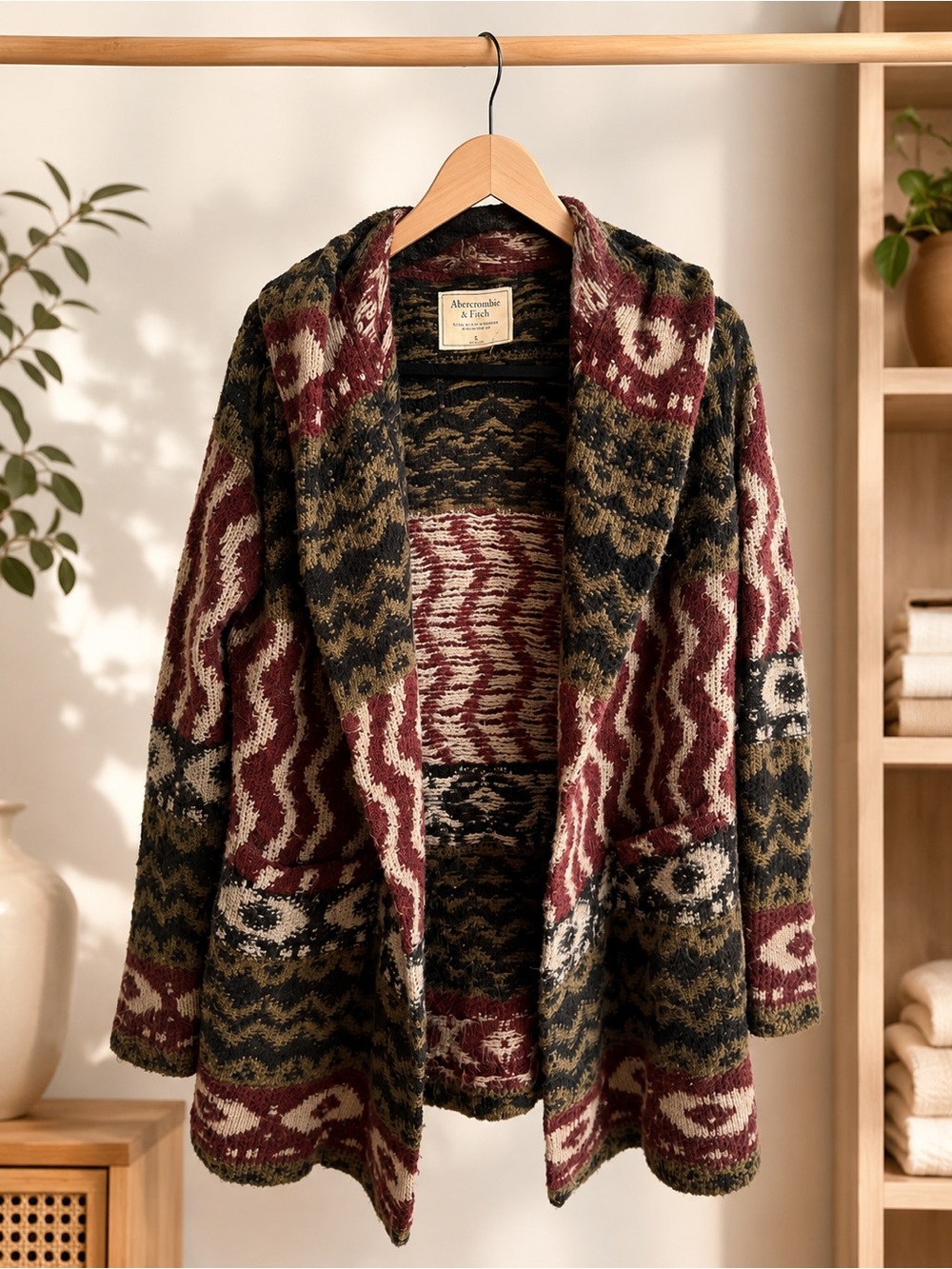 Abercrombie & Fitch Burgundy, Olive & Cream Patterned Shawl Wool Cardigan